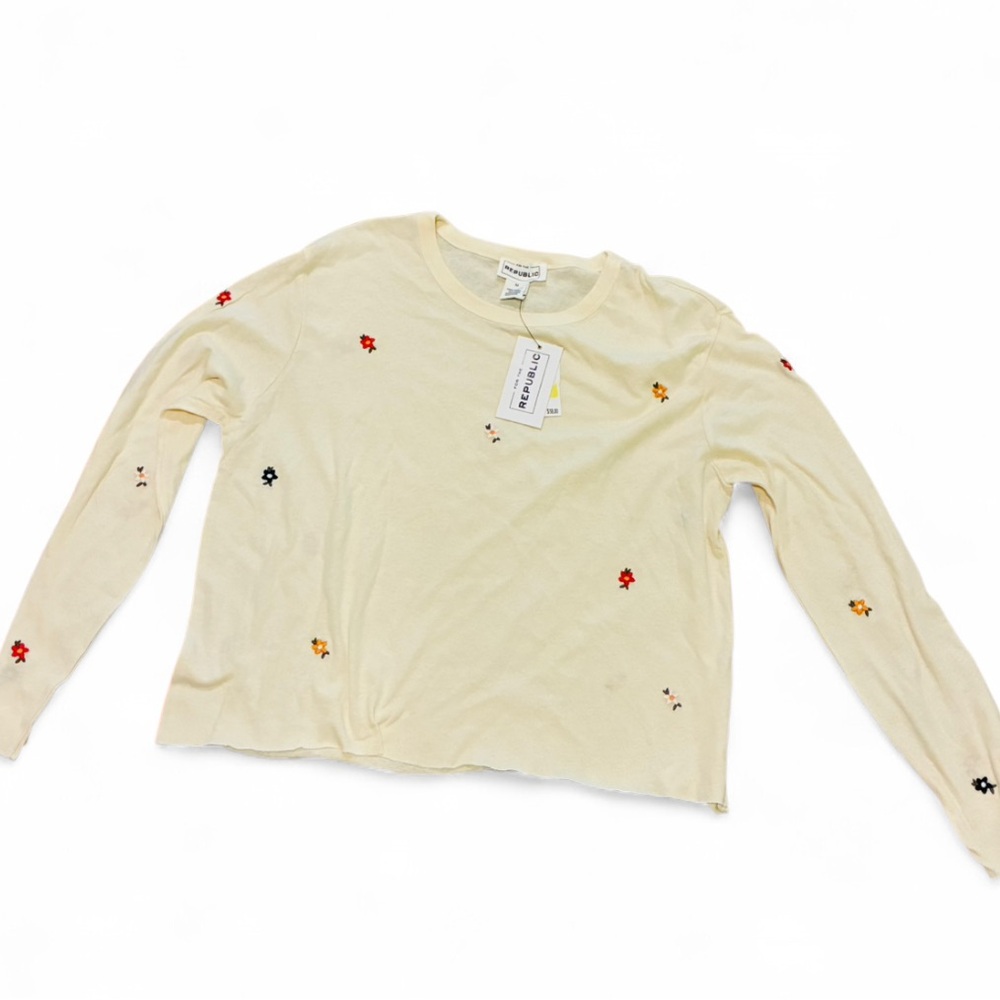 For The Republic Cream Long Sleeve T-shirt with Floral Embroidery